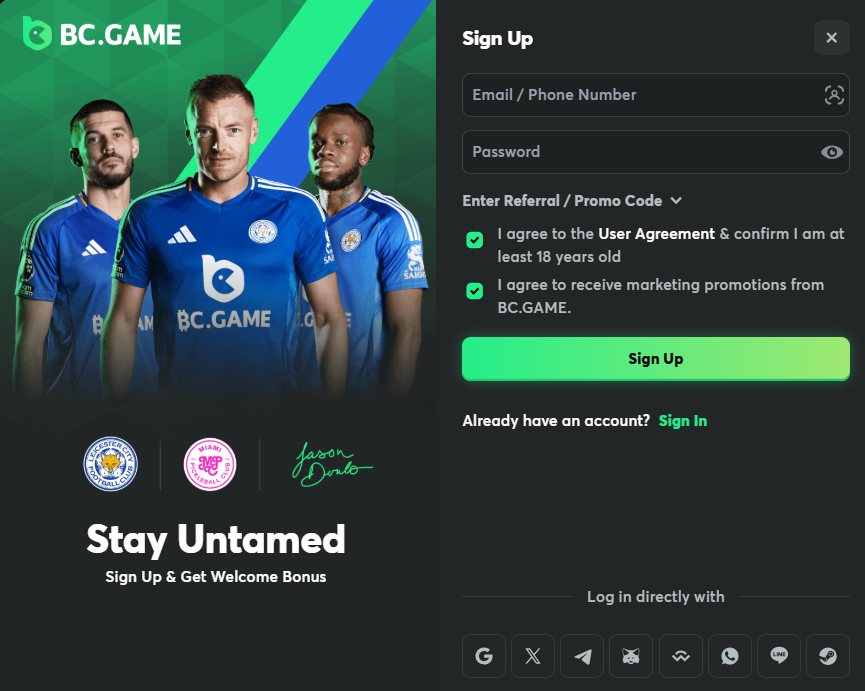 Sign Up on BC Game